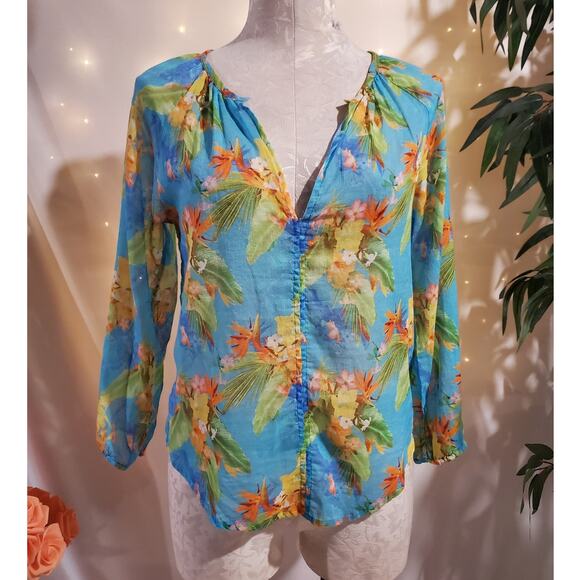 Roller Rabbit Tropical Floral 3/4 Sleeve Popover Blouse Size XXS Light Cotton - Picture 1 of 12